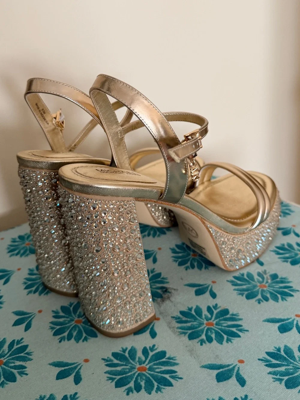 Michael Kors Rose Gold Platform Sandals with Crystal-Embellished Heel